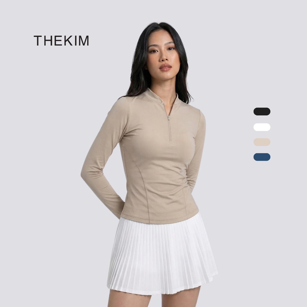 THEKIM Áo dài tay thể thao cổ trụ , áo tay dài tennis và pickleball khóa half zip T392