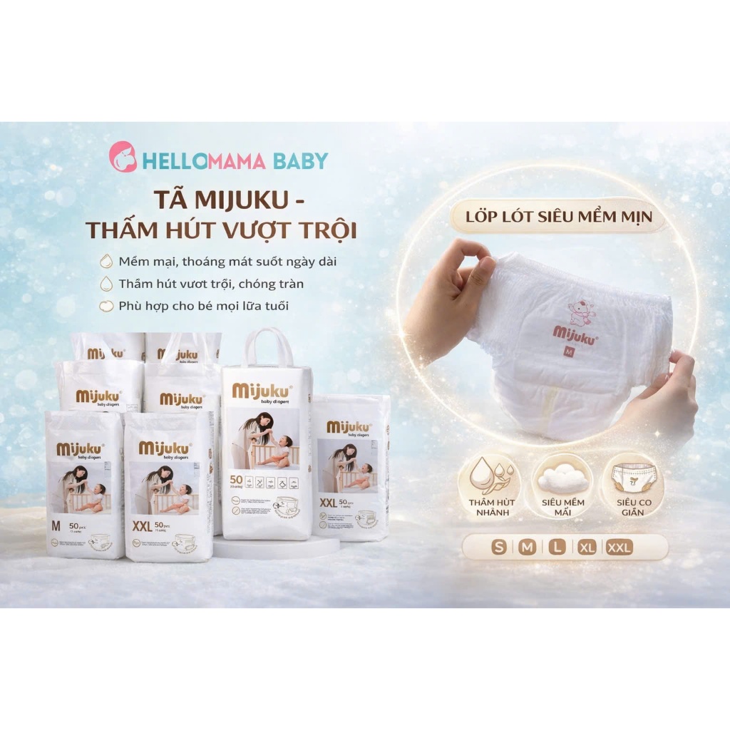 BỈM MIJUKU / MIJGO Bo Mông (dán và quần , thấm hút tốt, mỏng chỉ 0.2 cm,đủ size: S,M,L,XL, XXL, 3xl ,4xl,5xl,50 cái)