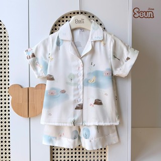 | SEUNKIDS | Bộ pijama cho bé gái bé trai (20 màu-2 link) cộc tay lụa mát lạnh 8kg đến 35kg bộ mặc nhà