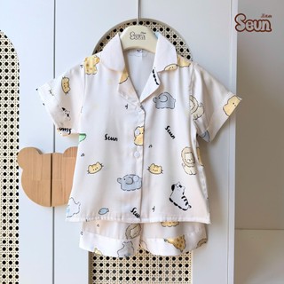 | SEUNKIDS | Bộ pijama cho bé gái bé trai (20 màu-2 link) cộc tay lụa mát lạnh 8kg đến 35kg bộ mặc nhà