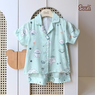 | SEUNKIDS | Bộ pijama cho bé gái bé trai (20 màu-2 link) cộc tay lụa mát lạnh 8kg đến 35kg bộ mặc nhà