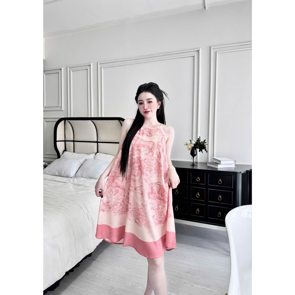 Đầm ngủ hai dây Vy Linh chất liệu gấm hải đường họa tiết 3D xinh xắn thoáng mát, mềm mại S1315
