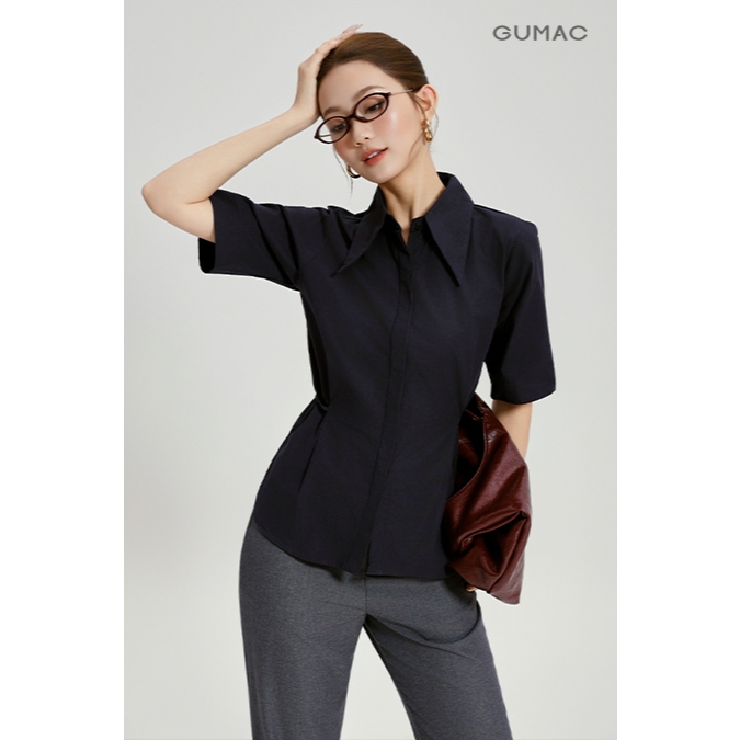 Áo Sơ Mi Nữ Tay Lửng GUMAC Form Suông Cổ Nhọn Kèm Dây Buộc Eo Điểm Nhấn Trẻ Trung AG04001