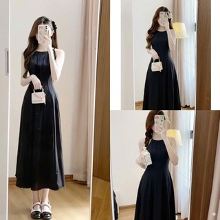 Váy cổ yếm dáng dài xòe chất chéo tiểu thư Hàn Quốc, Váy maxi dáng dài tiểu thư