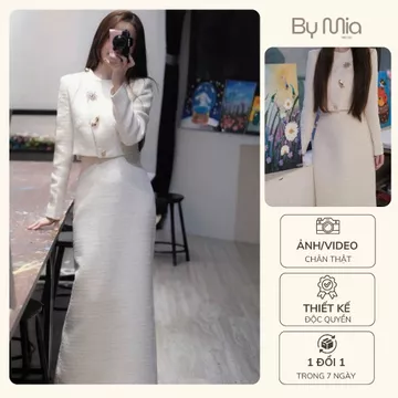 BY MIA - Set dạ tweed nữ thanh lịch, áo dạ ngắn dài tay phối chân váy dài suông tôn dáng