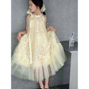 Đầm voan bé gái thêu hoa nhỏ phong cách công chúa nhẹ nhàng dáng xòe bồng bềnh mẹ và bé diện đi chơi du lịch dạo phố