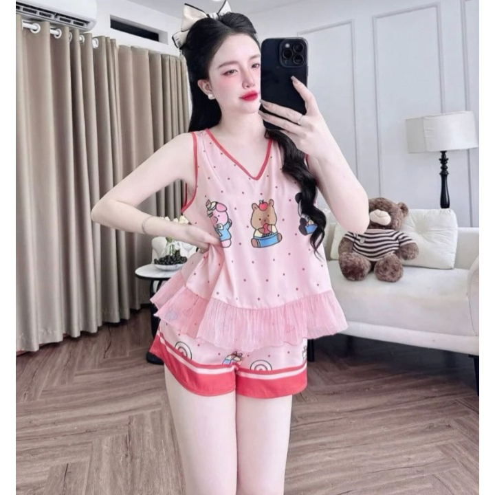 Bộ đùi mặc nhà cổ tim vải Latin thoáng mát