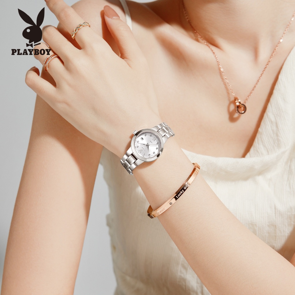 PLAYBOY Bộ Đồng Hồ nữ Thạch anh Dây đeo đồng hồ bằng thép không gỉ Đơn giản và thanh lịch Quà 3105