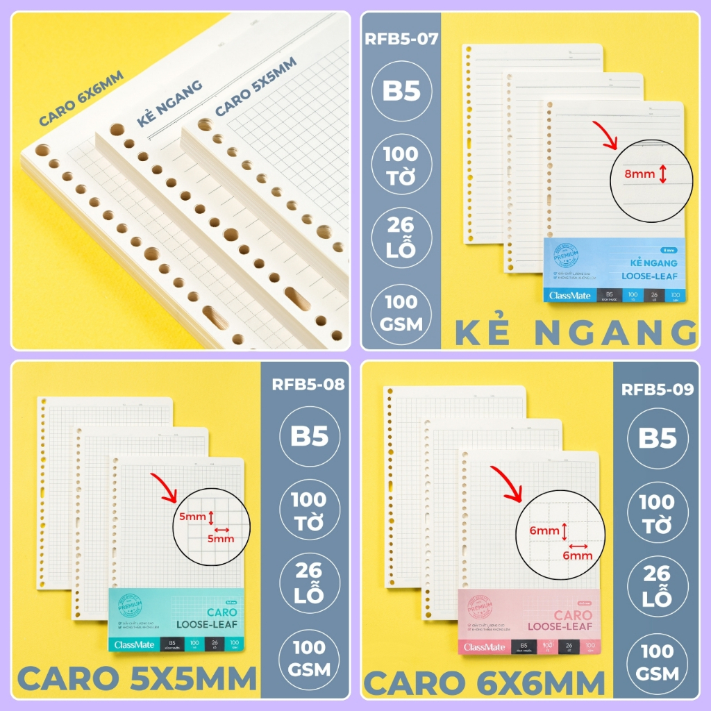 [Tặng 1 Bút] Sổ Còng Binder A5 B5 Chứa Được 150/200 Tờ Giấy Refill 100GSM Có Trang Keo Kẻ Ngang Caro Còng Kim Loại 2 Đầu