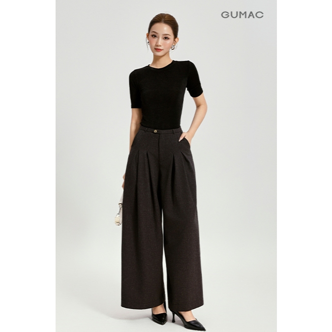 Quần Tây Ống Rộng Nữ GUMAC Bản Lưng Nhỏ Chờm Quai Dê Cài Nút Có Túi Xéo Trẻ Trung QG04072