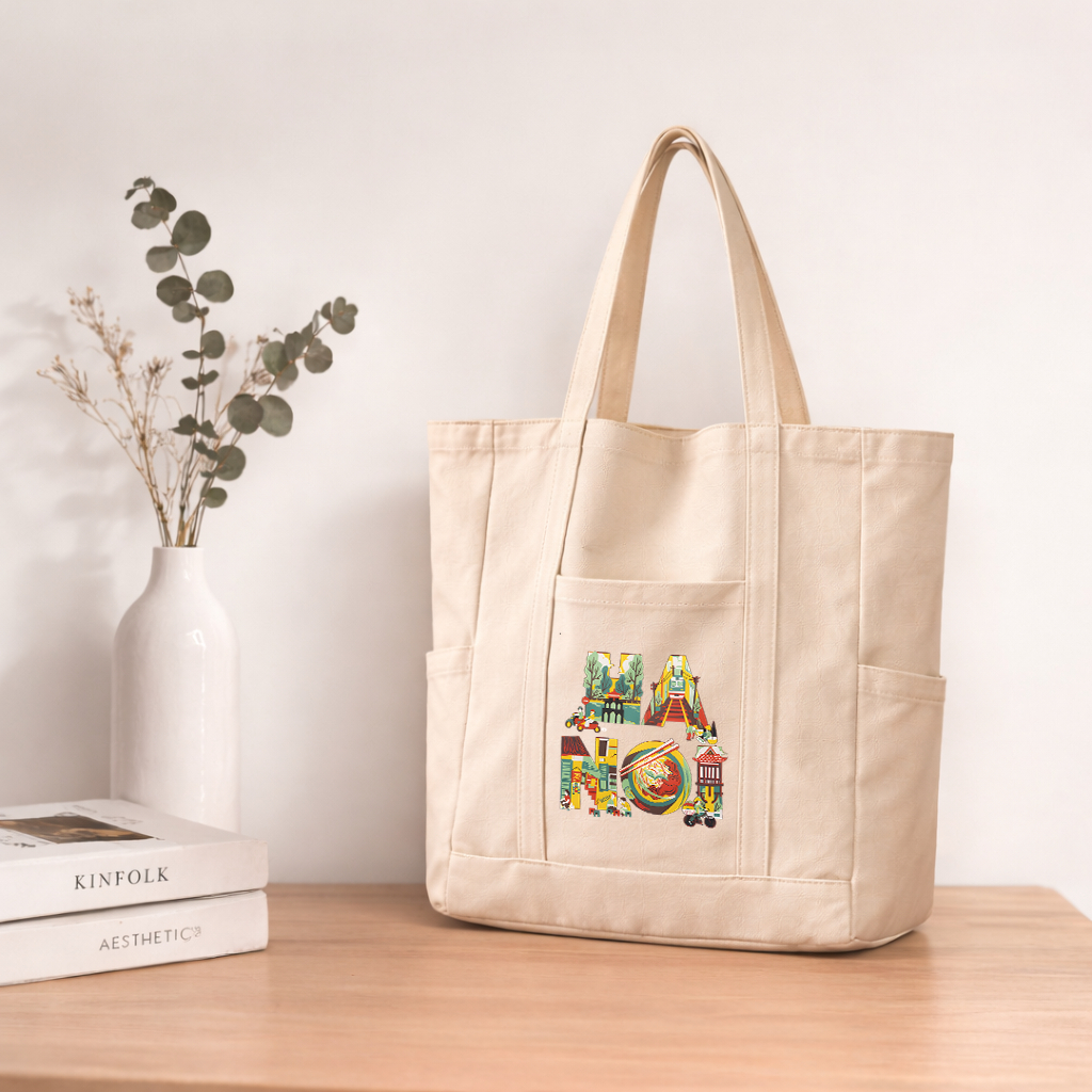 Túi tote có khóa kéo SIZE TO - túi vải tote đeo vai in hình HÀ NỘI có khóa kèm 3 ngăn phụ siêu xinh đựng đồ tuima06a