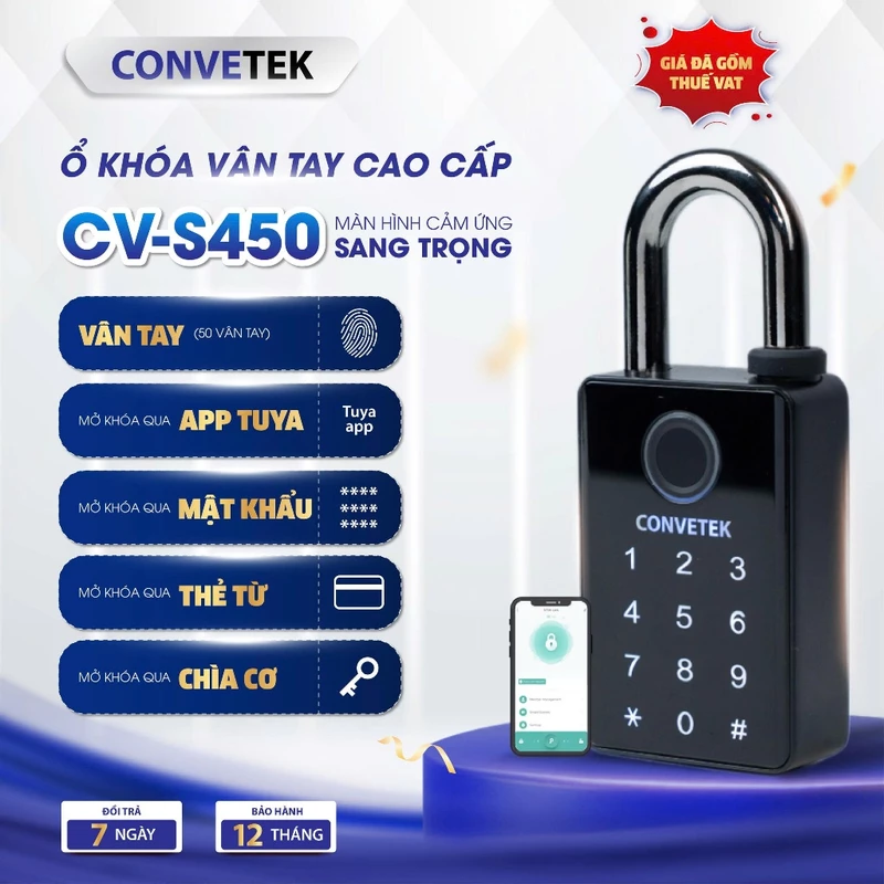 Ổ Khóa Vân Tay CONVETEK CV-S450 Màn Hình Cảm Ứng | 5 Cách Mở | Chống Nước | Hợp Kim Kẽm Cao Cấp — ảnh 1