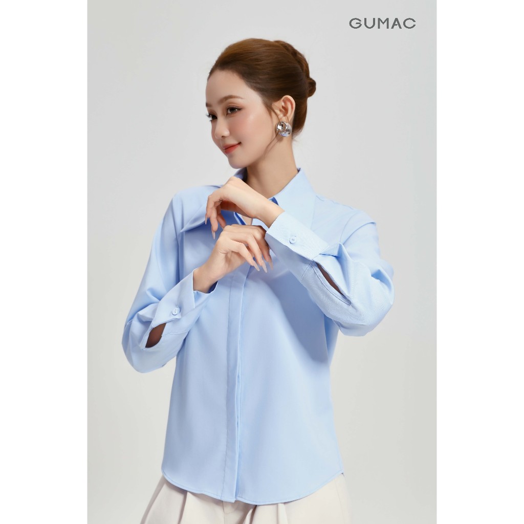 Áo Sơ Mi Nữ GUMAC Dài Tay Cổ Nhọn Cách Điệu Vải Kate Sợi Tre Cao Cấp Ít Nhăn AG04060