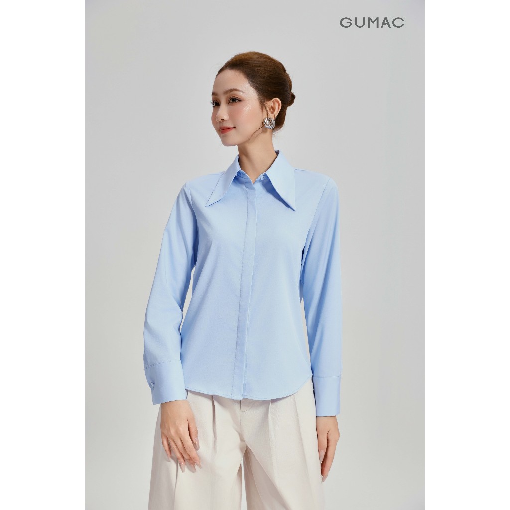 Áo Sơ Mi Nữ GUMAC Dài Tay Cổ Nhọn Cách Điệu Vải Kate Sợi Tre Cao Cấp Ít Nhăn AG04060