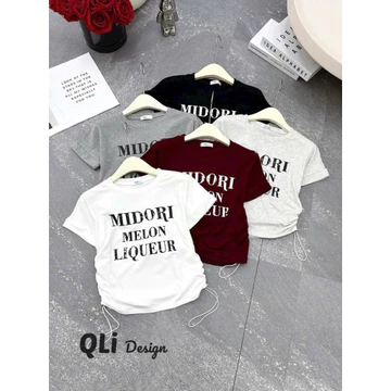 Áo thun nữ tay ngắn form ôm dây rút eo – áo thun nữ in chữ MIDORI phong cách Hàn Quốc, áo croptop nữ cá tính dễ phối đồ