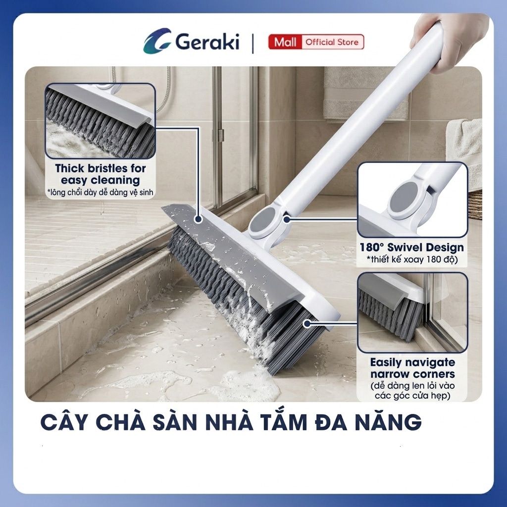 Cây chà sàn nhà tắm đa năng 2 trong 1, chổi cọ sàn và gạt nước – Geraki