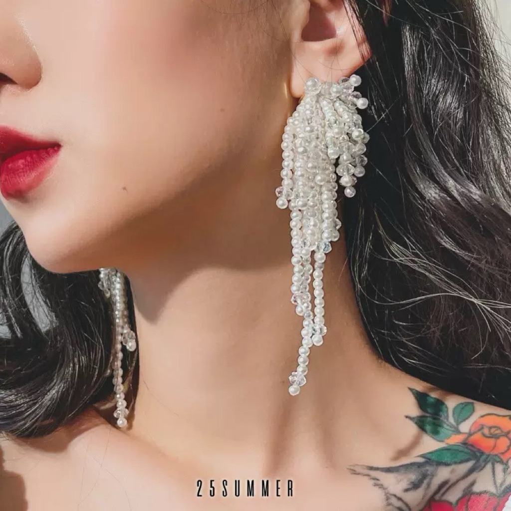 Bông Tai Hoa Cườm Dáng Dài Tua Rua Glamour QUEMEO hạt đá pha Lê cao cấp bông tai tiệc sang trọng