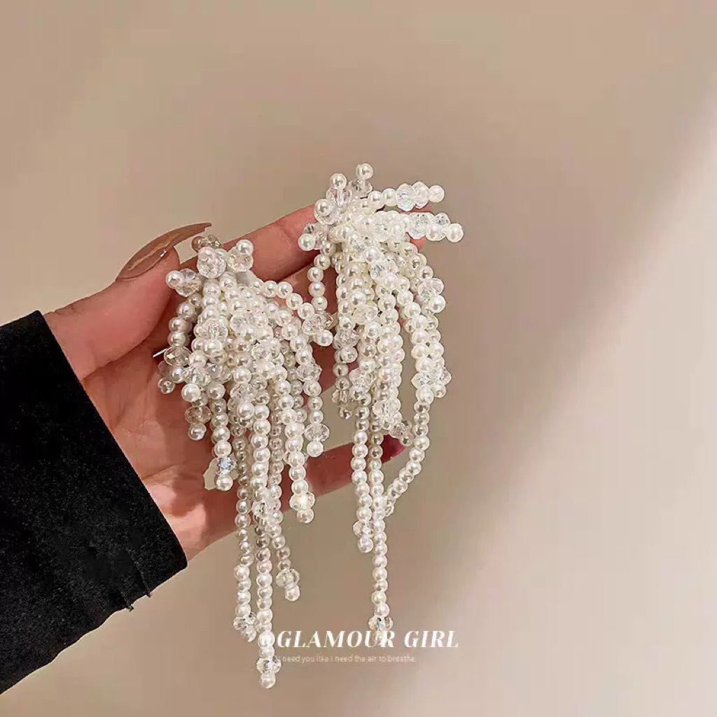 Bông Tai Hoa Cườm Dáng Dài Tua Rua Glamour QUEMEO hạt đá pha Lê cao cấp bông tai tiệc sang trọng