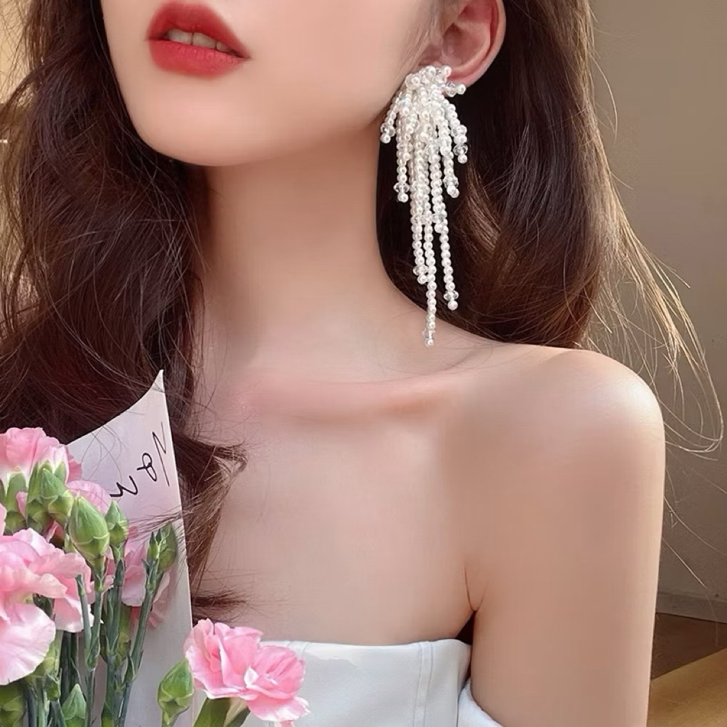 Bông Tai Hoa Cườm Dáng Dài Tua Rua Glamour QUEMEO hạt đá pha Lê cao cấp bông tai tiệc sang trọng