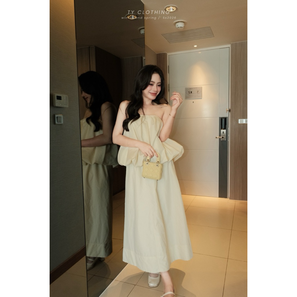 Set Nữ Xinh Đi Chơi Áo Quây Phồng Mix CV Dài Freesize Màu Be - Hàng Thiết Kế - TY CLOTHING