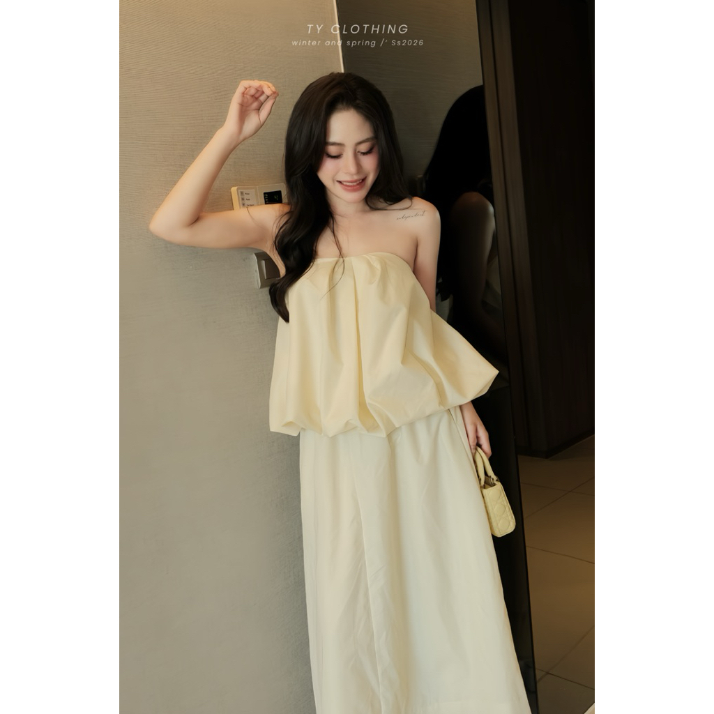 Set Nữ Xinh Đi Chơi Áo Quây Phồng Mix CV Dài Freesize Màu Be - Hàng Thiết Kế - TY CLOTHING