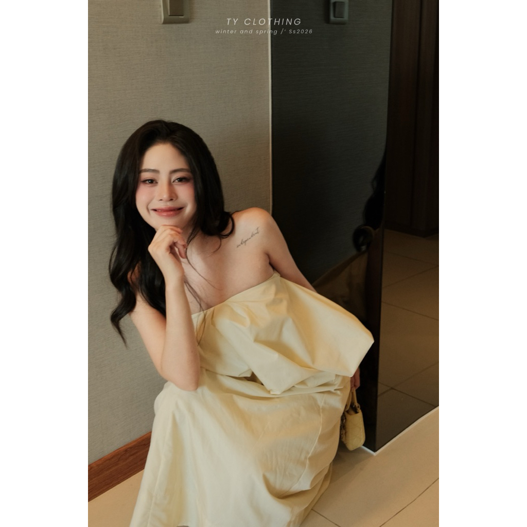 Set Nữ Xinh Đi Chơi Áo Quây Phồng Mix CV Dài Freesize Màu Be - Hàng Thiết Kế - TY CLOTHING