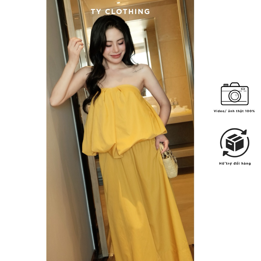 Set Nữ Xinh Đi Chơi Áo Quây Phồng Mix CV Dài Freesize Màu Vàng - Hàng Thiết Kế -TY CLOTHING
