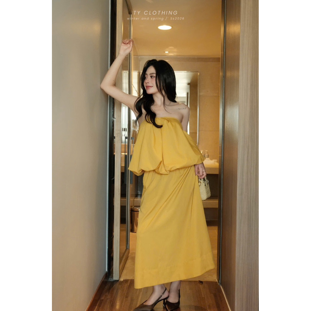 Set Nữ Xinh Đi Chơi Áo Quây Phồng Mix CV Dài Freesize Màu Vàng - Hàng Thiết Kế -TY CLOTHING