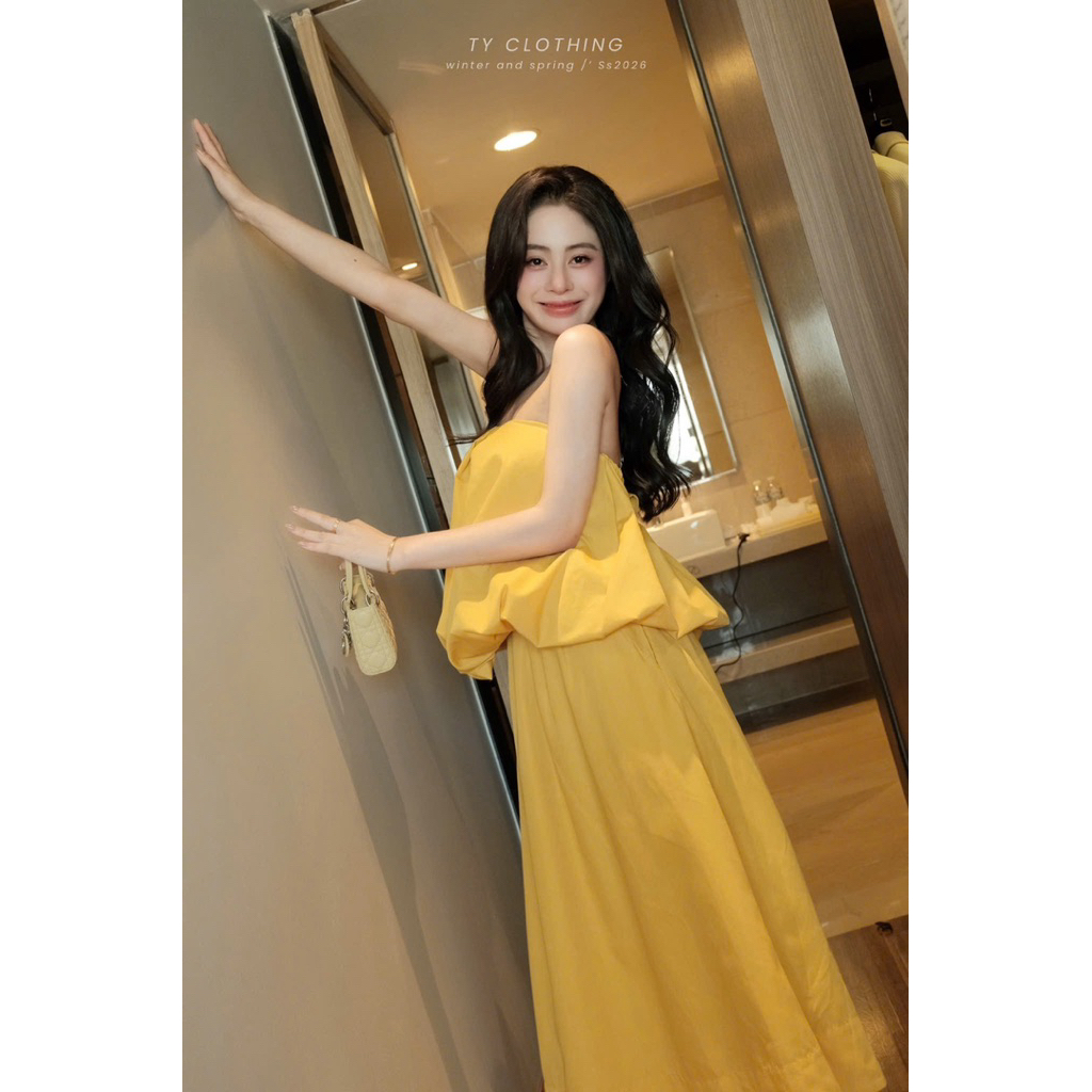 Set Nữ Xinh Đi Chơi Áo Quây Phồng Mix CV Dài Freesize Màu Vàng - Hàng Thiết Kế -TY CLOTHING