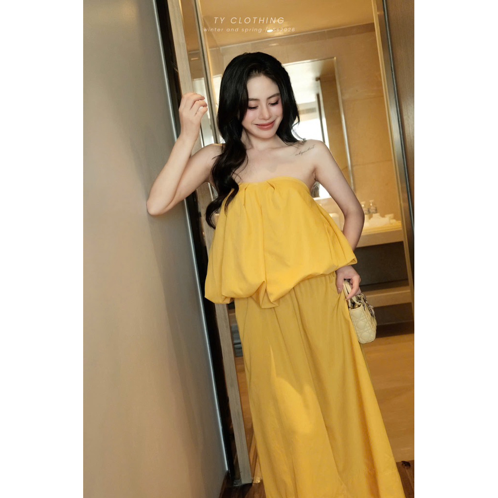 Set Nữ Xinh Đi Chơi Áo Quây Phồng Mix CV Dài Freesize Màu Vàng - Hàng Thiết Kế -TY CLOTHING