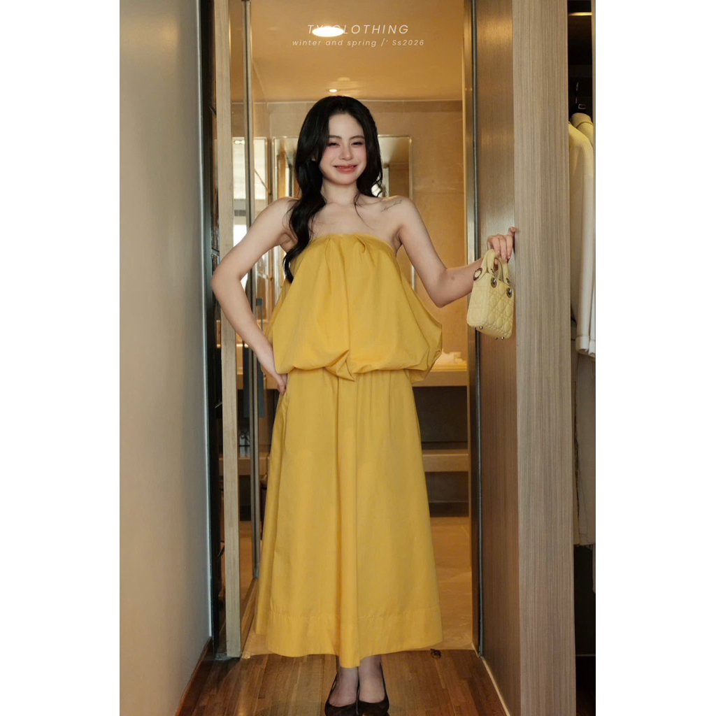 Set Nữ Xinh Đi Chơi Áo Quây Phồng Mix CV Dài Freesize Màu Vàng - Hàng Thiết Kế -TY CLOTHING