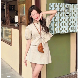 Set đồ bộ , Set áo croptop cổ tròn tay ngắn buộc eo kèm chấn váy chữ A