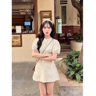 Set đồ bộ , Set áo croptop cổ tròn tay ngắn buộc eo kèm chấn váy chữ A
