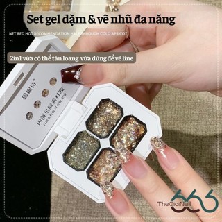 Set Gel Dặm & Vẽ Nhũ, Gel Nhũ Kim Tuyến 4 Ô Cao Cấp – Gel Vẽ Line, Kéo Sợi, Đính Đá Lấp Lánh Chuẩn Salon Tán Ombre