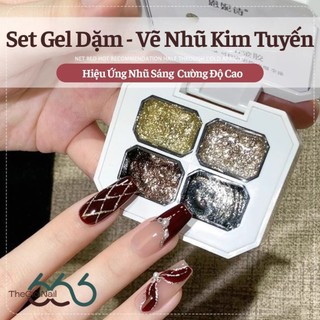 Set Gel Dặm & Vẽ Nhũ, Gel Nhũ Kim Tuyến 4 Ô Cao Cấp – Gel Vẽ Line, Kéo Sợi, Đính Đá Lấp Lánh Chuẩn Salon Tán Ombre
