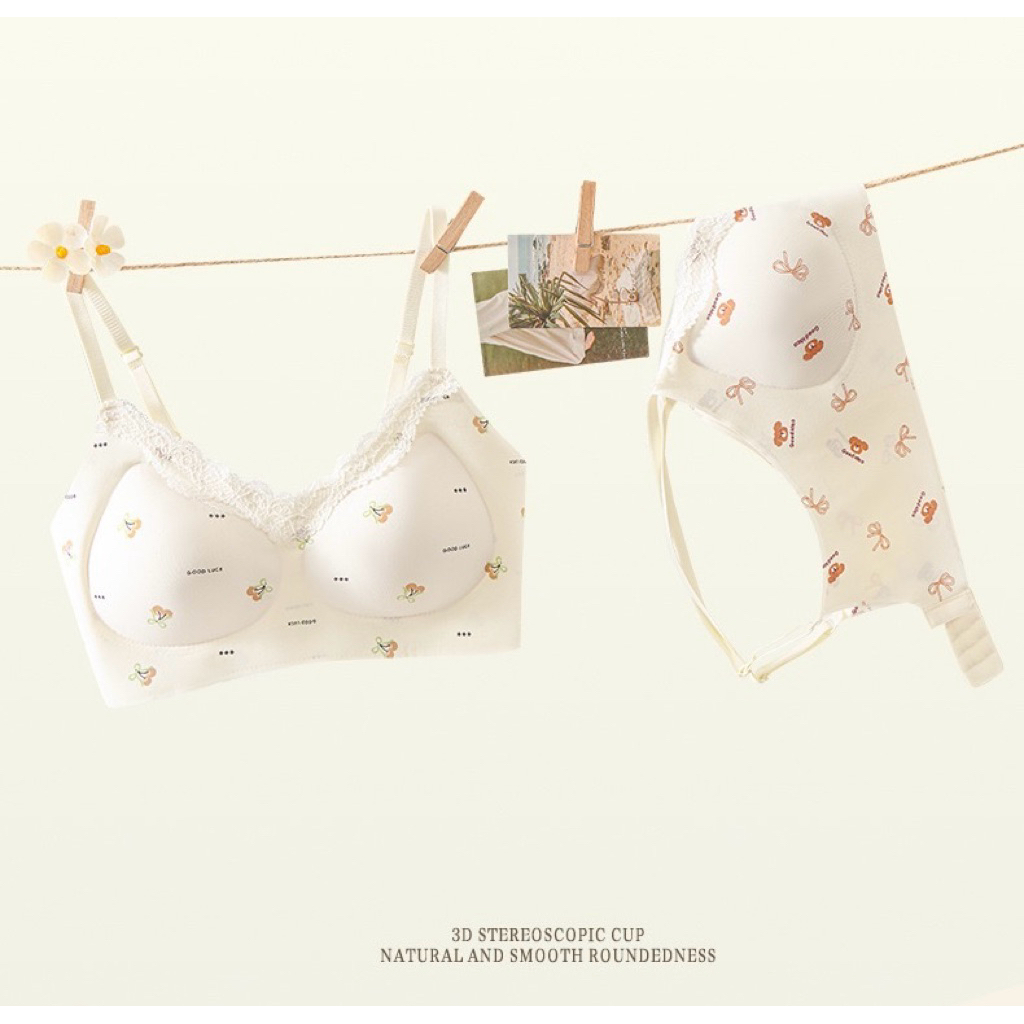 Áo Lót Không Gọng Cotton Họa Tiết Gấu/Hoa Siêu Mềm Mại Gom Ngực Nâng Đỡ Tự Nhiên Cho Nữ