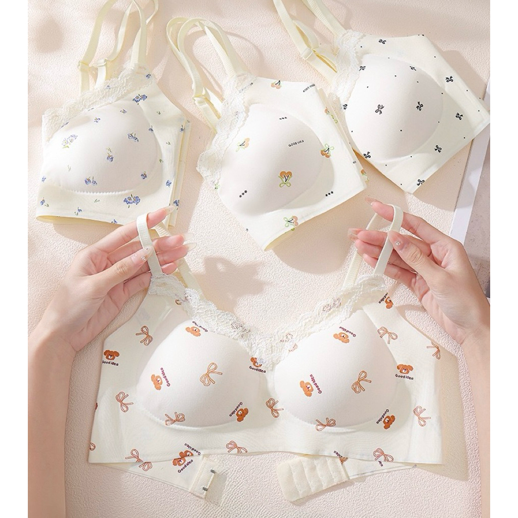Áo Lót Không Gọng Cotton Họa Tiết Gấu/Hoa Siêu Mềm Mại Gom Ngực Nâng Đỡ Tự Nhiên Cho Nữ