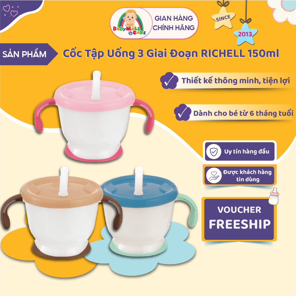 Cốc Tập Uống 3 Giai Đoạn 150ml Hãng Richell Cho Bé, Có Ống Hút Silicone Nút Nhấn |  Babymall & Care