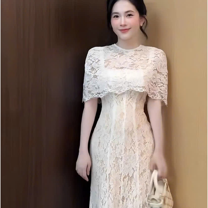 Set váy dài, dự tiệc thiết kế tiểu thư nhẹ nhàng chất Ren hoa 2 lớp gồm đầm dài kèm choàng ngắn