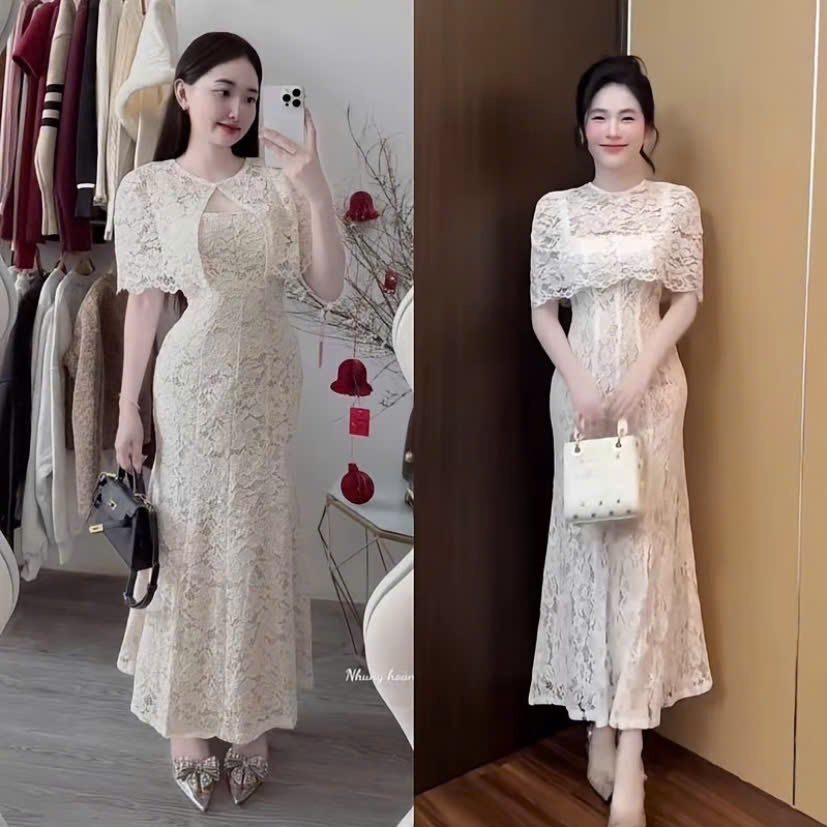 Set váy dài, dự tiệc thiết kế tiểu thư nhẹ nhàng chất Ren hoa 2 lớp gồm đầm dài kèm choàng ngắn