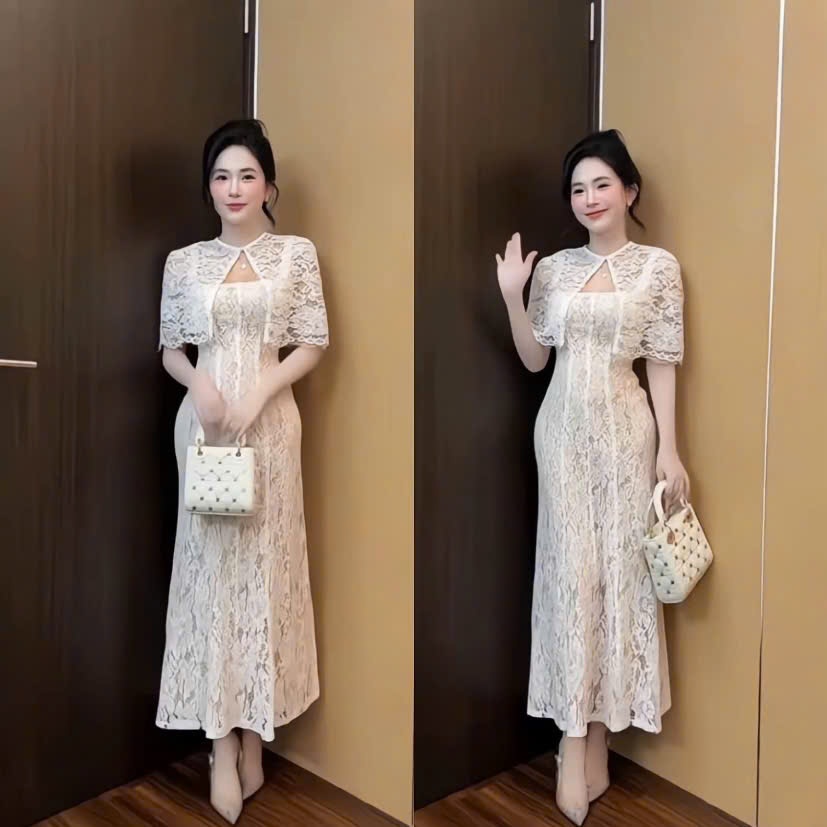 Set váy dài, dự tiệc thiết kế tiểu thư nhẹ nhàng chất Ren hoa 2 lớp gồm đầm dài kèm choàng ngắn