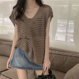 Áo Lưới Dệt Kim 3 Lỗ Cánh Dơi Cổ V Form Dáng Rộng Phong Cách Hàn Quốc, Áo Đi Biển Mùa Hè Năng Động Siêu Xinh