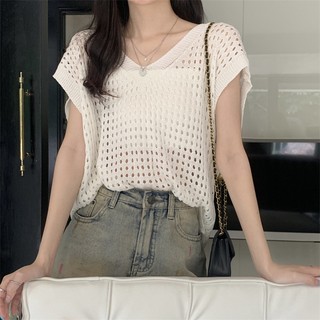Áo Lưới Dệt Kim 3 Lỗ Cánh Dơi Cổ V Form Dáng Rộng Phong Cách Hàn Quốc, Áo Đi Biển Mùa Hè Năng Động Siêu Xinh