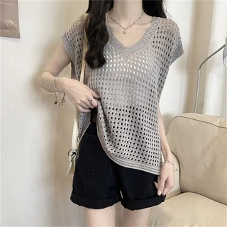 Áo Lưới Dệt Kim 3 Lỗ Cánh Dơi Cổ V Form Dáng Rộng Phong Cách Hàn Quốc, Áo Đi Biển Mùa Hè Năng Động Siêu Xinh