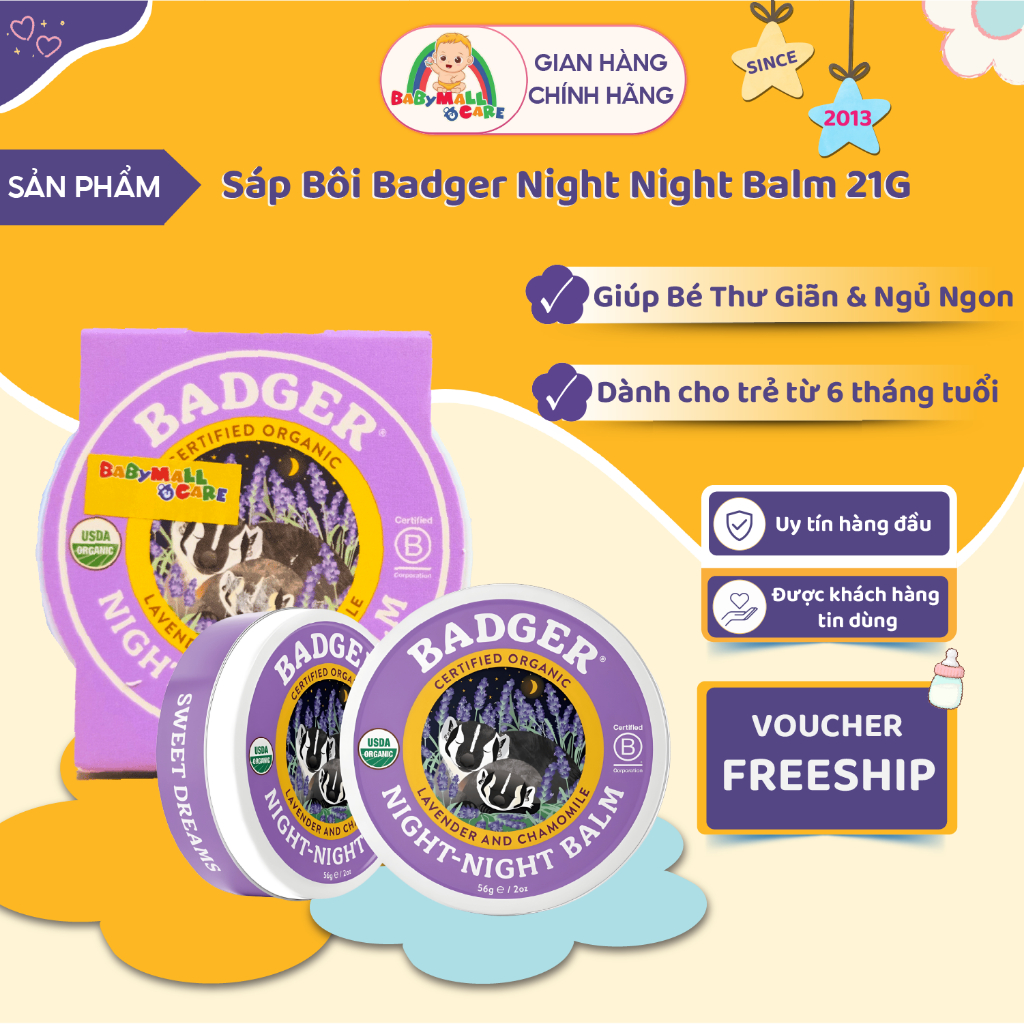 Sáp Bôi Badger Night Night Balm 21G Giúp Bé Thư Giãn & Ngủ Ngon | Babymall & Care