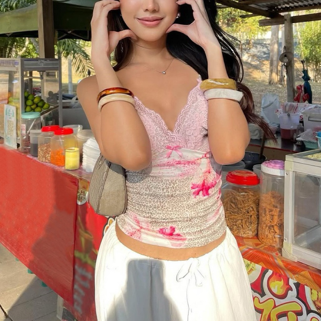 Áo Hai Dây Camisole Phối Ren Họa Tiết Da Báo Hồng Nữ Tính Phong Cách Y2K Coquette Xinh Xắn