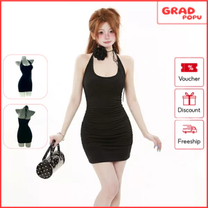 Váy body nữ GRADPOPU ôm sát eo cổ yếm Halter dáng ngắn co giãn tôn dáng sexy đầm body Hàn Quốc PD21