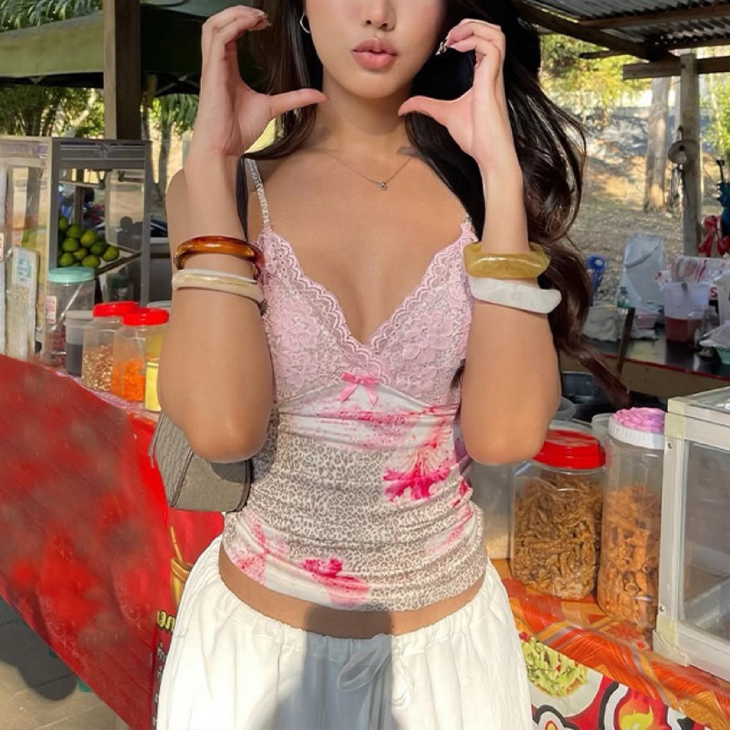 Áo Hai Dây Camisole Phối Ren Họa Tiết Da Báo Hồng Nữ Tính Phong Cách Y2K Coquette Xinh Xắn