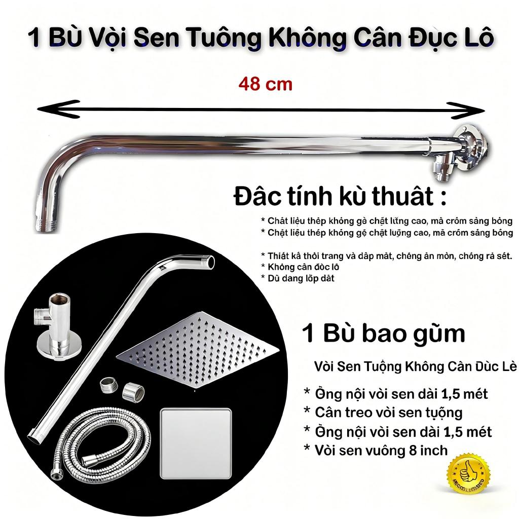 Đủ bộ bát sen VUÔNG Dây sen tắm đứng inox 304 bền đẹp LOẠI CẦN DÀI 47CM bằng Inox sáng bóng tiện lợi gồm bát sen cần tre