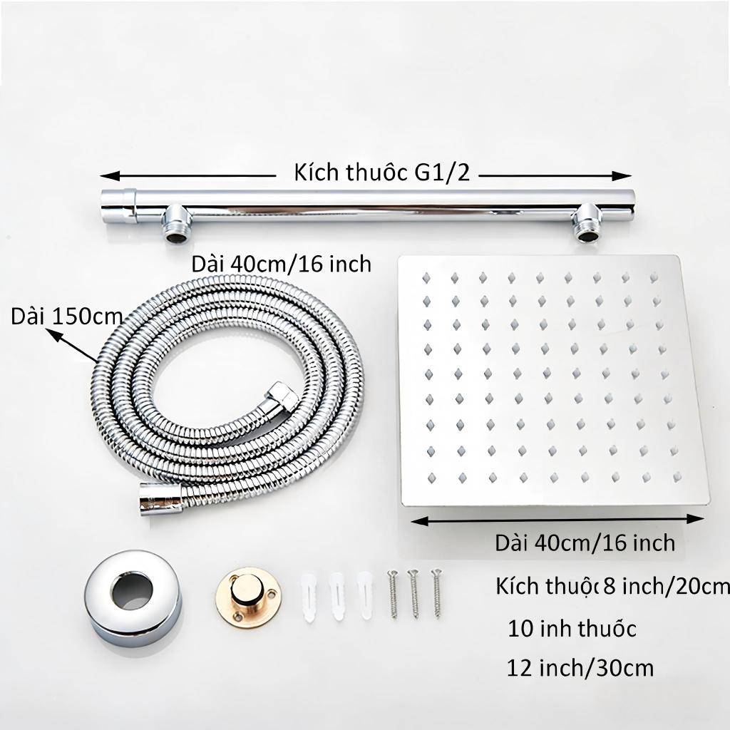 Đủ bộ bát sen VUÔNG Dây sen tắm đứng inox 304 bền đẹp LOẠI CẦN DÀI 47CM bằng Inox sáng bóng tiện lợi gồm bát sen cần tre